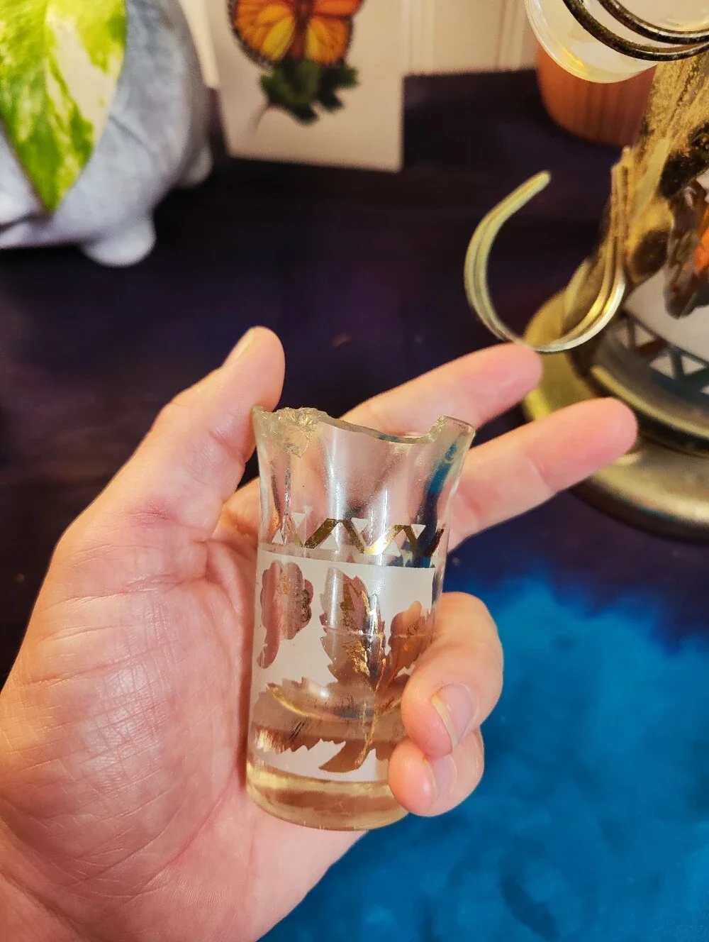 Vintage Gold-Trimmed Glass Liquor Decanter with Shot Glasses